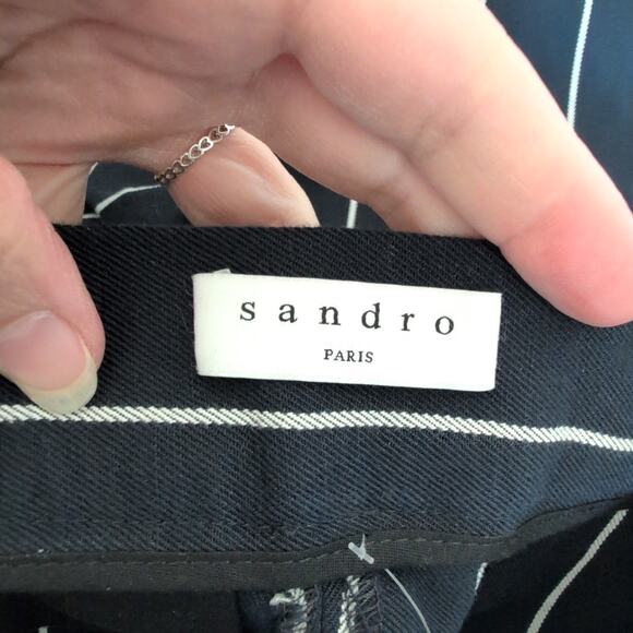 SANDRO Pants Navy White Striped Cotton Linen Boot Flare Womens Trouser 36FR 4US - Picture 4 of 7